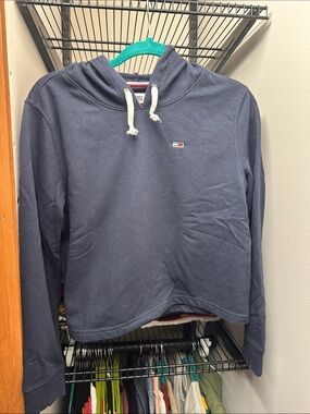 Tommy Hilfiger Slightly Cropped Navy Crewneck Hoodie with White Drawstrings